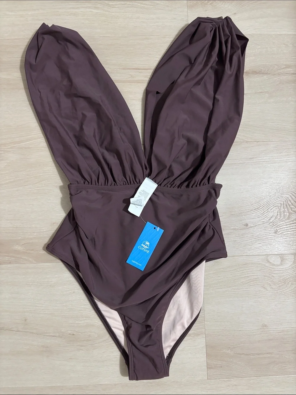 Cupshe chocolate Brown Deep-V One-Piece Swimsuit medium beach pool extra cover